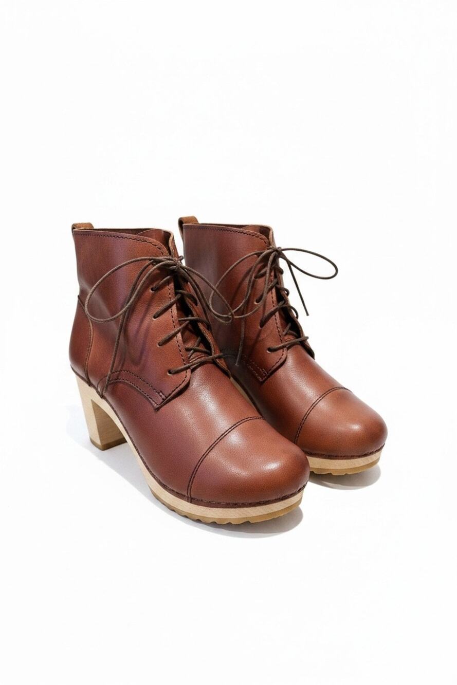 Sandgrens Chukka Cap Toe Leather Clog Boots Brown Swedish Wooden Heel Size 8